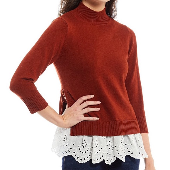 Roller Rabbit Sweater Varo Eyelet Peplum Hem Mock Neck Cashmere Sweater XL NWT - Picture 1 of 16